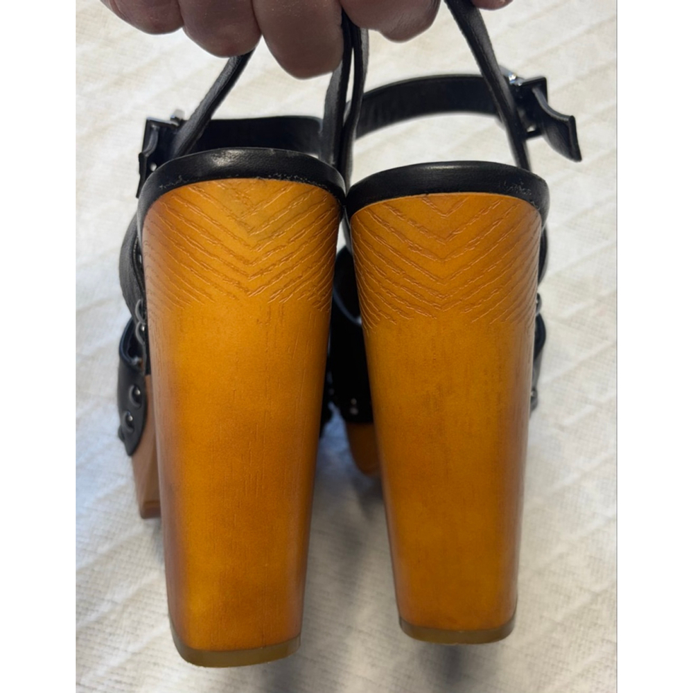 Black Leather Platform Sandals with Wooden Heel - Picture 4 of 9